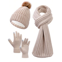 (Beige) 3pcs Women's Knit Winter Set - Beanie, Scarf & Gloves, Warm & Cozy for Cold Weather