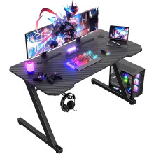 120x60 cm Gaming Desk, Carbon Fiber Surface, Headset Holder & 2 Cable Management Holes, Black Metal Frame Computer Table
