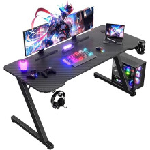 Gaming table with cup holder and headset holder, 2 professional cable management holes, carbon fiber table top, black metal frame 140x60 cm