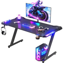 Gaming Desk with LED Lights 140 x 60 cm, RGB Gaming Table Sturdy Computer Desk for Home Office and Gamers with Headphone Hook and Cup Holder, Black