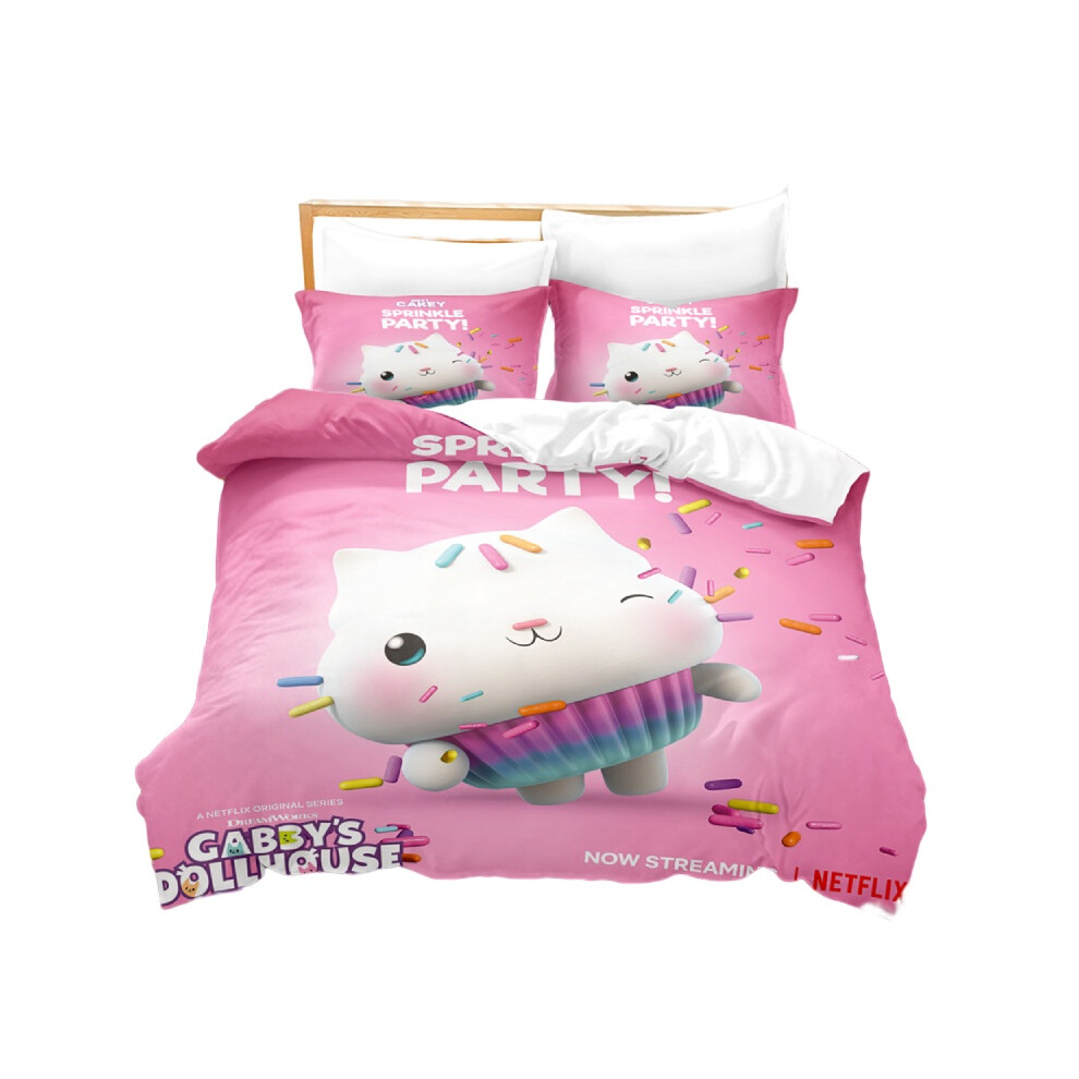 (White Cat, 135x200cm/53.1*78.7in) Dollhouse Gabbys 3pcs Cartoon Print Children Bed Duvet Set Cover Quilt Pillow