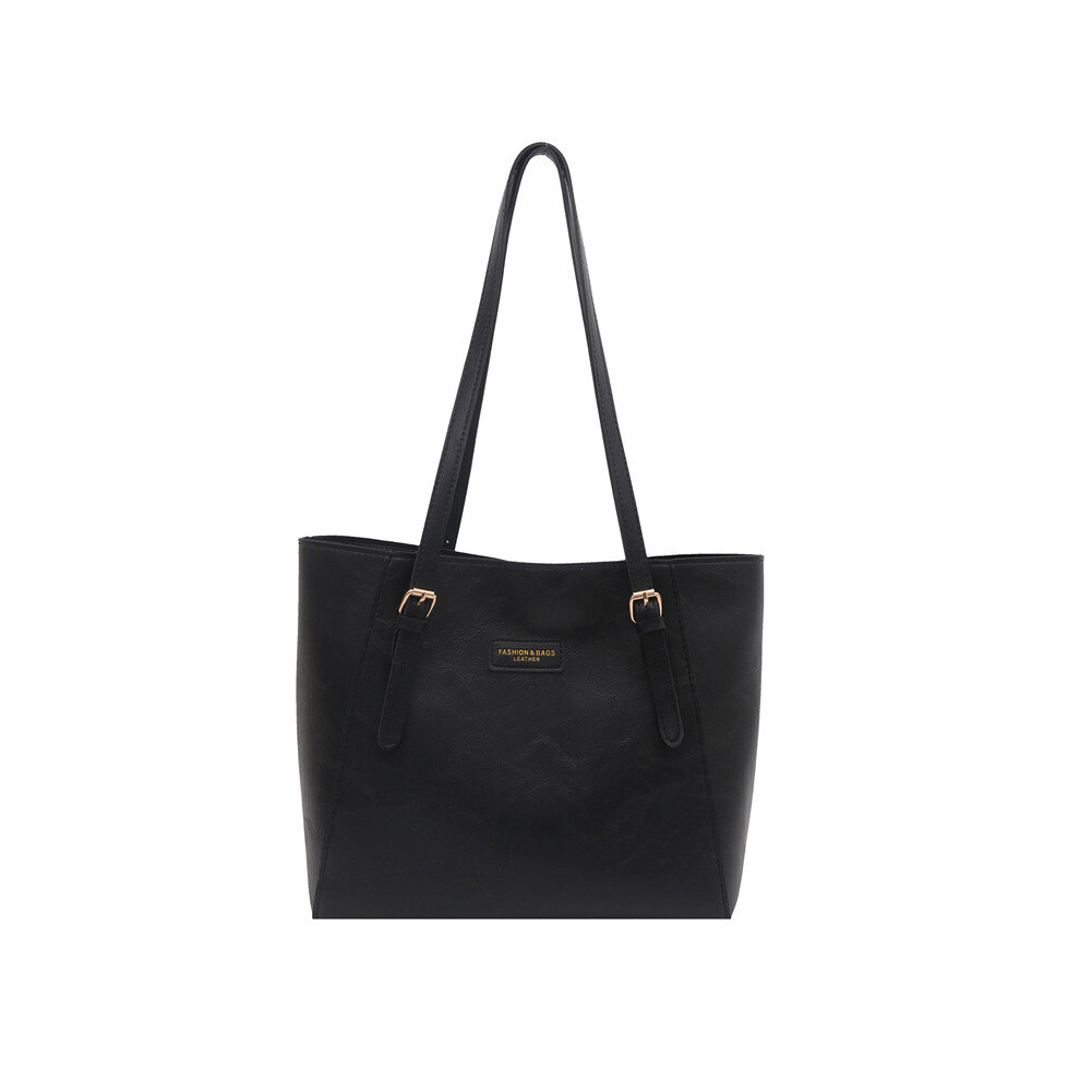 (Black) Trendy Large Pu Tote Bag With Letter Print For Daily Commuting School And