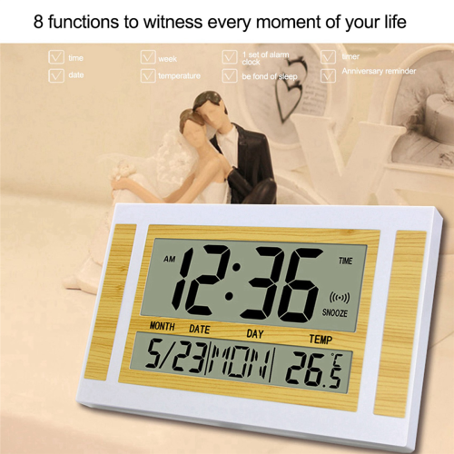 Digital Wall Clock LCD Number Time Temperature Calendar Alarm Silver 2