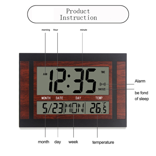 Digital Wall Clock LCD Number Time Temperature Calendar Alarm Silver 1