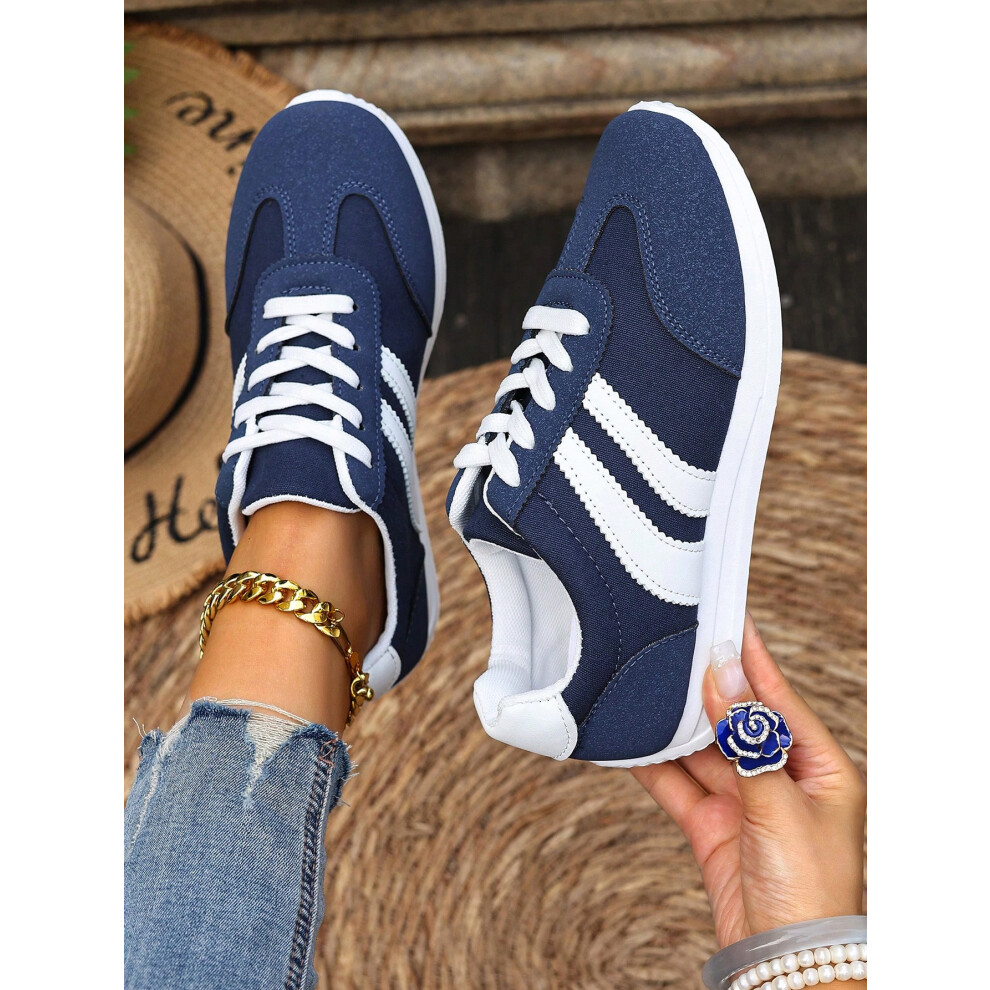 (Blue UK7.5) Autumn Women Plus Size Fashion Sneakers - Lace-Up Flat Color Block Athletic Shoes-image-OPC-PJVNVSV-NEW