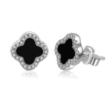 (PED414Platinum (black agate) with silver ear plugs, 925 silver) Light luxury stud earrings, a niche design for women: white mother-of-pearl and black agate earrings for women