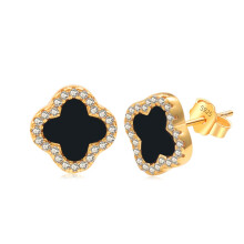 (PED41418KGold (black agate) with silver ear plugs, 925 silver) Light luxury stud earrings, a niche design for women: white mother-of-pearl and black agate earrings for women