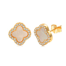 (PED41418KGolden (white fritillaria) with silver ear plugs, 925 silver) Light luxury stud earrings, a niche design for women: white mother-of-pearl and black agate earrings for women