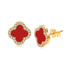 (PED41418KGold (red agate) with silver ear plugs, 925 silver) Light luxury stud earrings, a niche design for women: white mother-of-pearl and black agate earrings for women