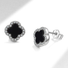 (PED412Platinum (black agate) with silver ear plugs, 925 silver) Light luxury stud earrings, a niche design for women: white mother-of-pearl and black agate earrings for women