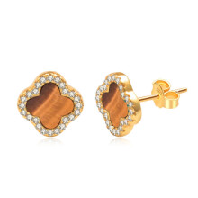 (PED41418KGold (brown amber) with silver ear plugs, 925 silver) Light luxury stud earrings, a niche design for women: white mother-of-pearl and black agate earrings for women