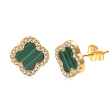 (PED41418KGold (malachite) with silver ear plugs, 925 silver) Light luxury stud earrings, a niche design for women: white mother-of-pearl and black agate earrings for women