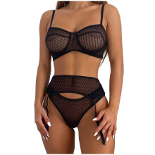 Latex Dessous Damen Unterwäsche Set, Strumpfstoffanzug BH und Strumpfnetz Hebe, Rot Schwarz, Größe XL