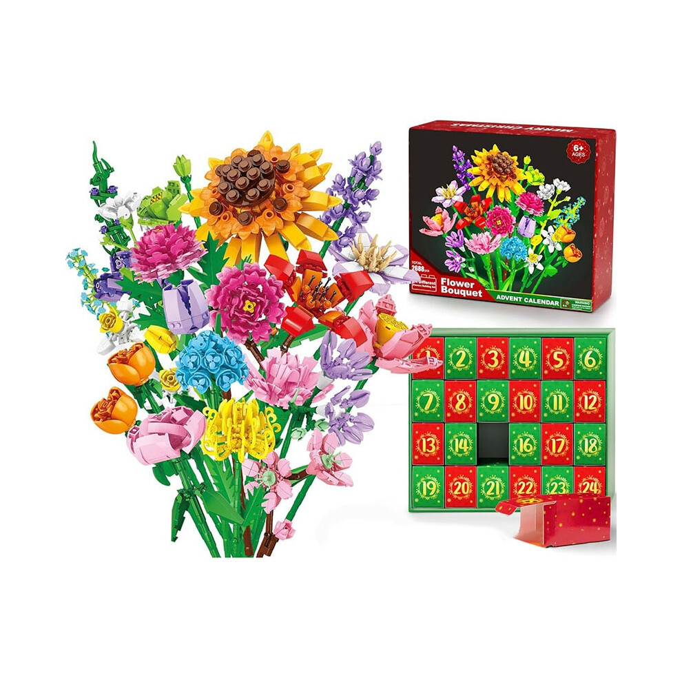 (sunflower bouquet) Advent Calendar 2025 Flower Bouquet Building Blocks For Adults Kids 24 Days Christmas Countdown Calendars With 24 Types Flowers