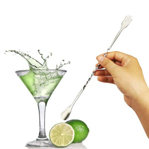(Silver) Stainless Steel Bar Double-headed Cocktail Twisted Mixing Stirring Spoon Fork