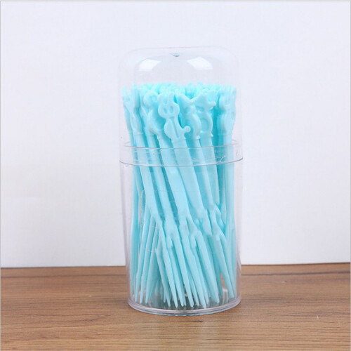 (Blue) 50pcs Fruit Fork Disposable Plastic Fork Two Tooth Fork Dessert Cake Fork