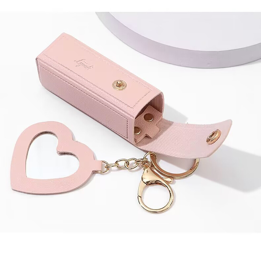 (Pink) Lipstick Storage Box With Mirror Coin Purse Keychain Lipstick Mini Storage Bag