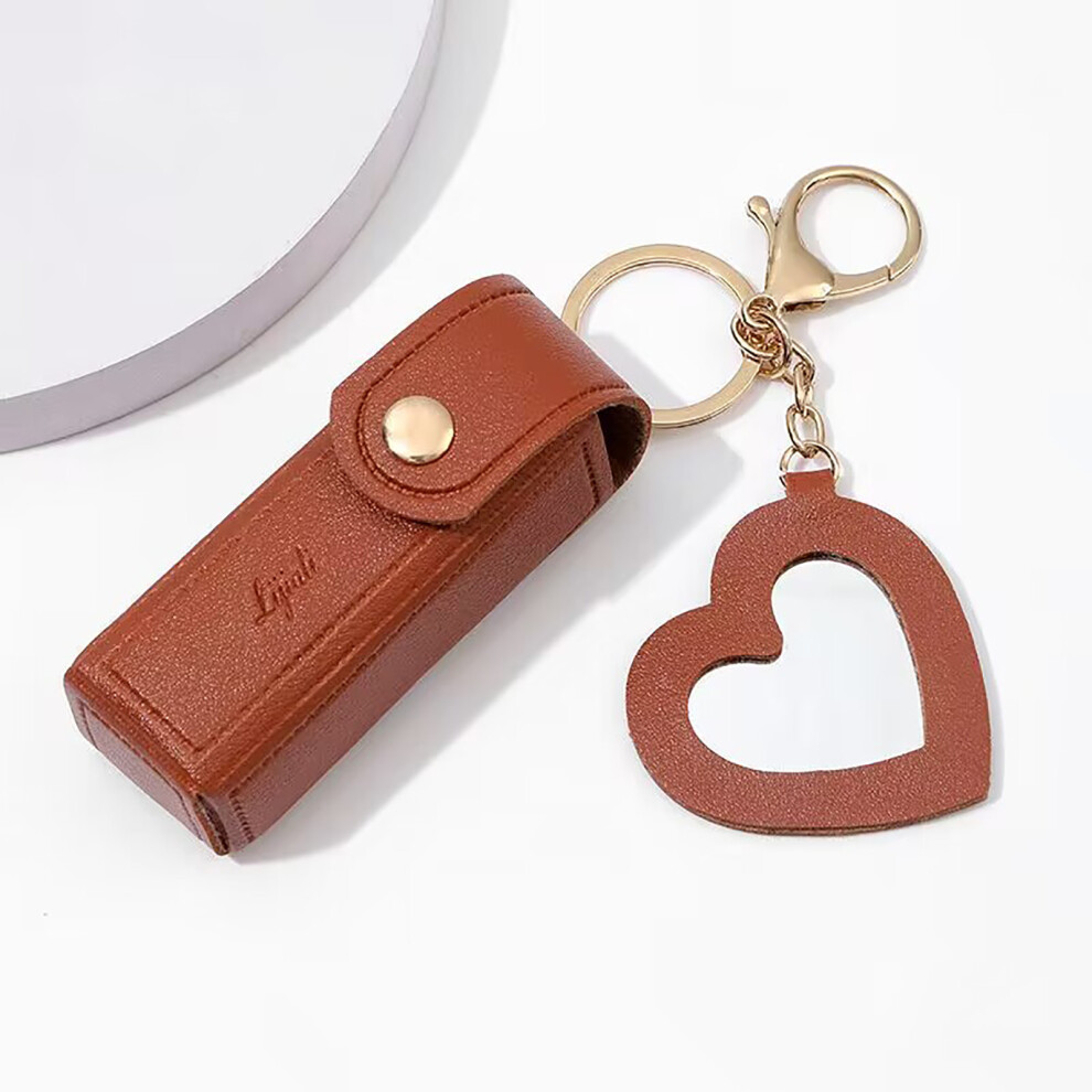 (Brown) Lipstick Storage Box With Mirror Coin Purse Keychain Lipstick Mini Storage Bag