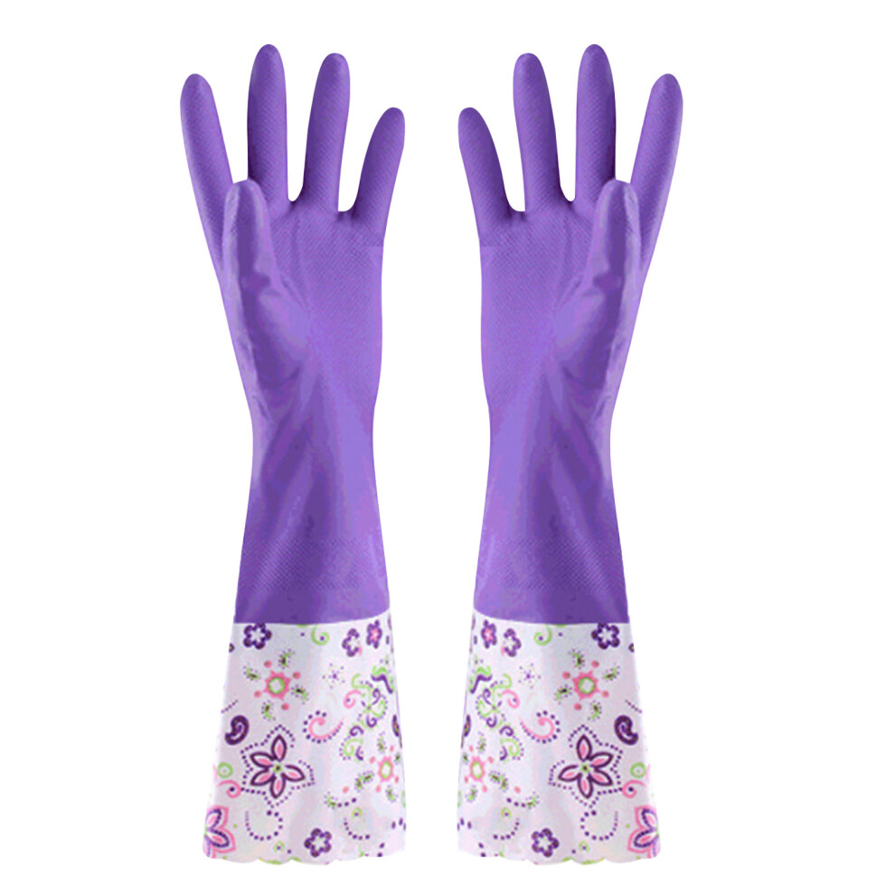 (Purple) Cleaning Gloves Flower Rubber Velvet Long Gloves Household Gloves Antiskid Household Washing Cleaning Gloves-image-OPC-PJVTJQ2-NEW