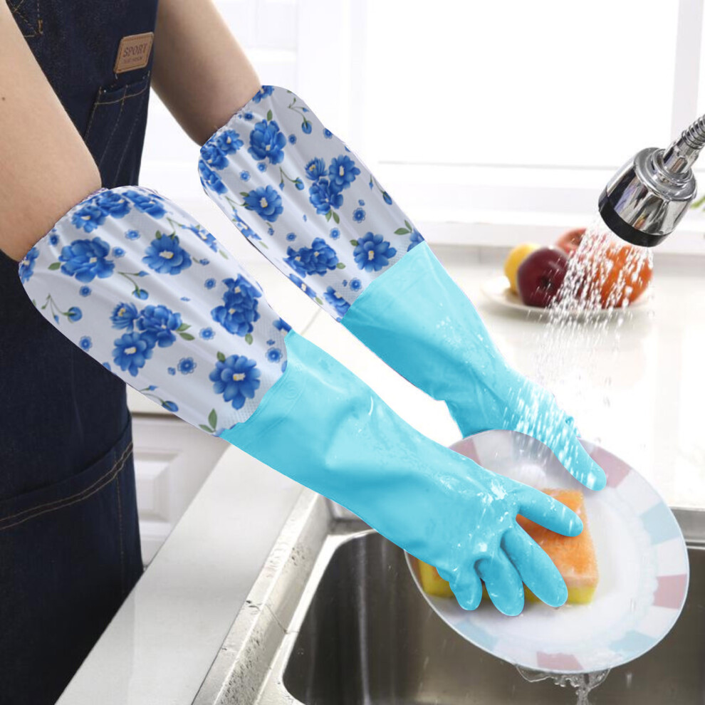 (Blue) Cleaning Gloves Flower Rubber Velvet Long Gloves Household Gloves Antiskid Household Washing Cleaning Gloves-image-OPC-PJVTSMT-NEW