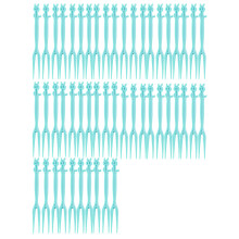 (Blue) 50pcs Fruit Fork Disposable Plastic Fork Two Tooth Fork Dessert Cake Fork