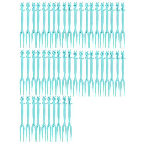 (Blue) 50pcs Fruit Fork Disposable Plastic Fork Two Tooth Fork Dessert Cake Fork