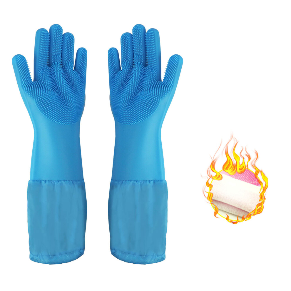 (Blue) Lengthening Dishwashing Gloves Household Gloves And Dog Scratch And Snap Proof Pet Bathing Gloves-image-OPC-PJVTYWV-NEW