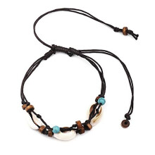 Boho Natural Sea Shell Anklet for Women - Pearl Shell Ankle Bracelet with Wooden Beads and Wax Rope for Beach Style Jewelry