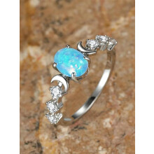 (Silver, 5) Summer Oval Shaped Artificial Gemstone & Rhinestone Decorated Statement Ring, Gifts for Her, Wedding & Engagement Jewelry Gift for Women,