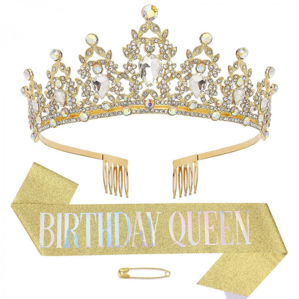 Birthday Party Rhinestone Crown Birthday Sash for Women Fashion Glittering Baroque Tiaras Birthday Party Accessories light gold-image-OPC-PJVVHT6-NEW