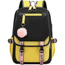 Teenage Girls Backpack Middle School Students Bookbag Outdoor Daypack with Usb Charging Port (yellow Black)