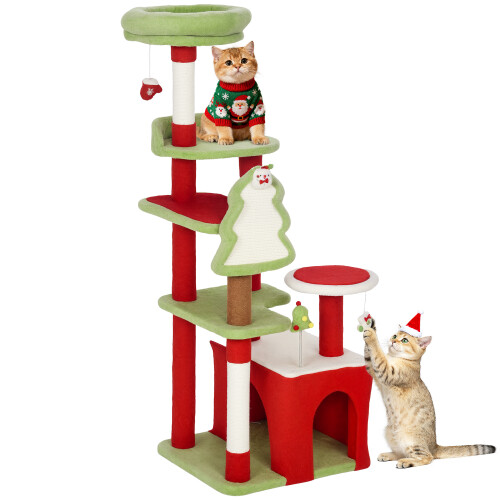 PawHut 120cm Cat Tree, Christmas Cat Tower with 3 Sisal Scratching Posts, Green 1