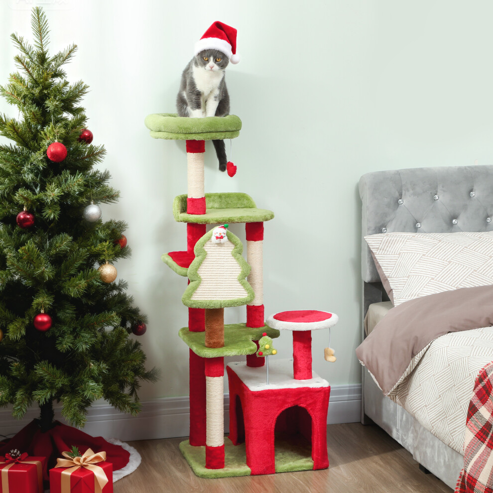 Pawhut 120Cm Cat Tree, Christmas Cat Tower With 3 Sisal Scratching Posts, Green