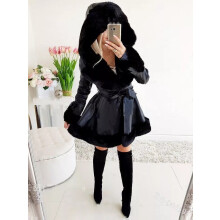 (Black, UK XL) Womens Faux Fur Coat Hoodie Parka Belt Slim Winter Warm Ladies Outwear Coat 2025