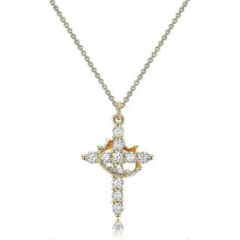 (Golden) 14K Gold Plated Crown Cross Necklace Diamond Accent