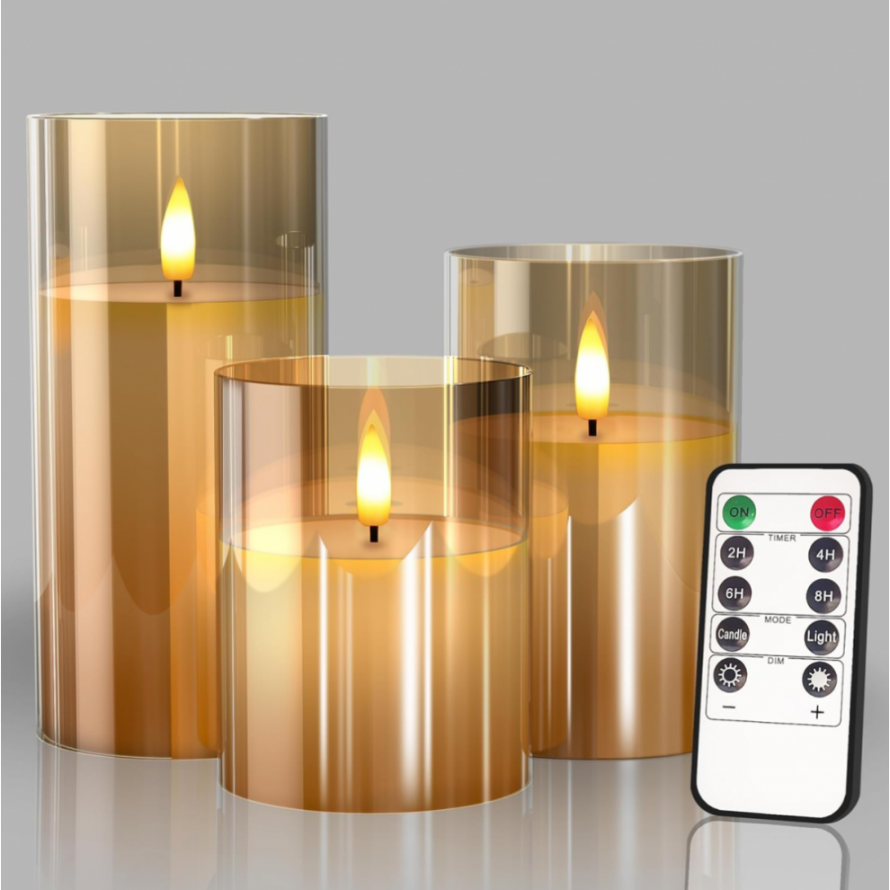 Bougies LED sans flamme, bougies pilier Ã©lectriques en verre dorÃ©, flamme vacillante LED, bougies Ã  piles avec tÃ©lÃ©commande et minuterie-image-OPC-PJVWZSN-NEW