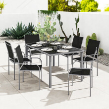 Outsunny 7-Piece Black Steel Garden Dining Set with Glass-Top Table and Mesh Chairs - 150x90 cm, Model 84G-039V00BK