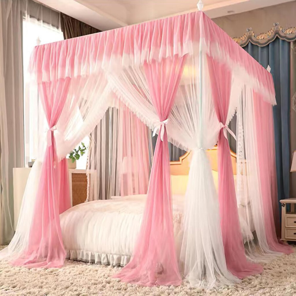 Mosquito Net Curtains 4 Corners, Double-Layered Bed Canopy For Girls, - Room Decoration Made Of Transparent Mesh Fabric Pink/White