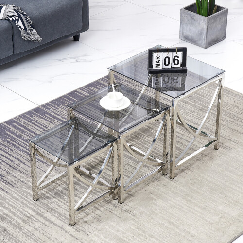 AINPECCA (Silver Black) 3Pcs Nesting Table Sets Glass End Table