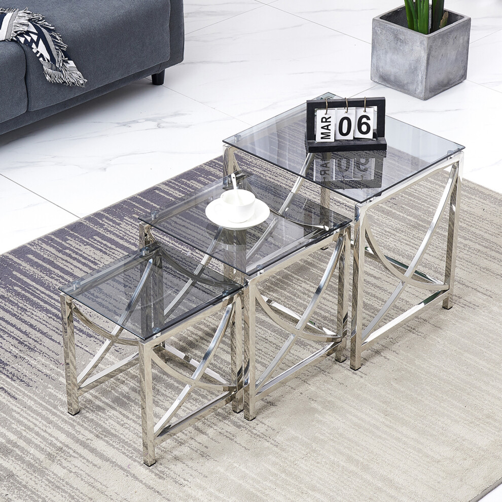 Ainpecca (Silver Black) 3Pcs Nesting Table Sets Glass End Table Black,Silver,Multicoloured