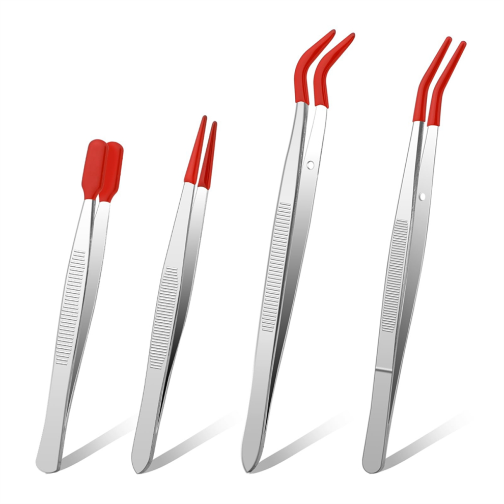 Jojomino 4Pieces Tweezers With Rubber Tips Pvc Coated Set, Straight Tip Flat Tweezer