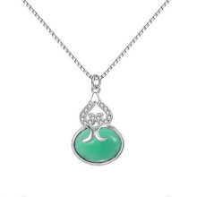 Necklace, S925 Silver Green Chalcedony Gourd Pendant Hollow Ruyi Pattern Clavicle Chain for Women
