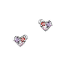Heart Earrings, S999 Silver with Colored Cubic Zirconia, Sweet Cute Versatile Vintage Chic Style for Women