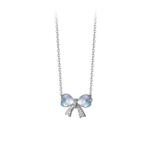 Heart Bowknot Necklace, Women's S925 Sterling Silver Iridescent Starry Sky Collar Chain, Crystal Inlaid, 21-50cm