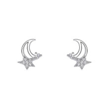 Earrings, Women's Cute INS Style S999 Silver Moon Star Sparkling Zircon Non-removable