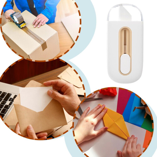 Mini Box Cutter with Automatic Locking Function, Safe Cardboard Cutter, Compact Foam Core Letter Opener in White 2