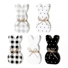 5Pcs Wooden Easter Bunny Table Sign Plaque, Rustic Rabbit Figurine with Jute Bow