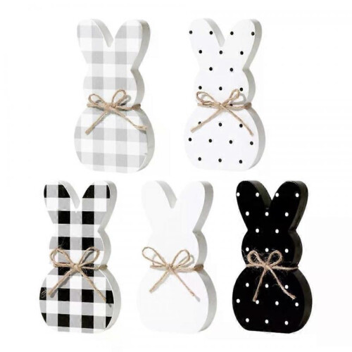 5Pcs Wooden Easter Bunny Table Sign Plaque, Rustic Rabbit Figurine with Jute Bow