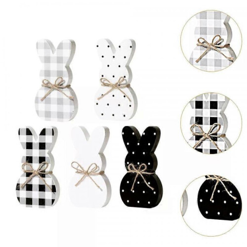5Pcs Wooden Easter Bunny Table Sign Plaque, Rustic Rabbit Figurine with Jute Bow 2