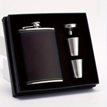 (1set 80z) Black Leather Lychee Print Flask 8oz, stainless steel soft touch leather wrapped Flask Gift set, 100% leak-proof